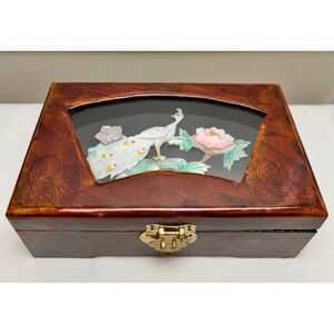VTG Chinese Lacquer Jewelry Music Box Mother of Pearl Peacock Inlay Red Silk